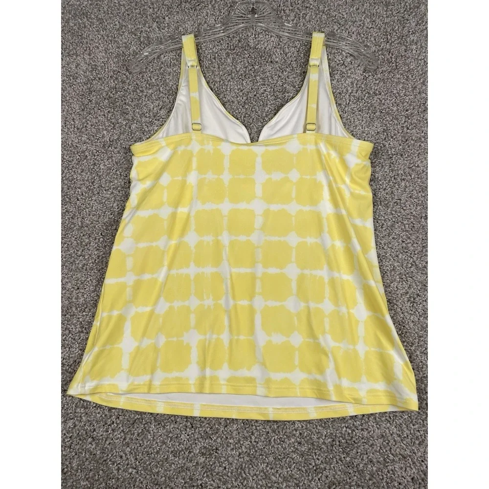 Lands' End Womens Plunge V-Neck Tankini Top Yellow White Tie Dye Grid Size 14